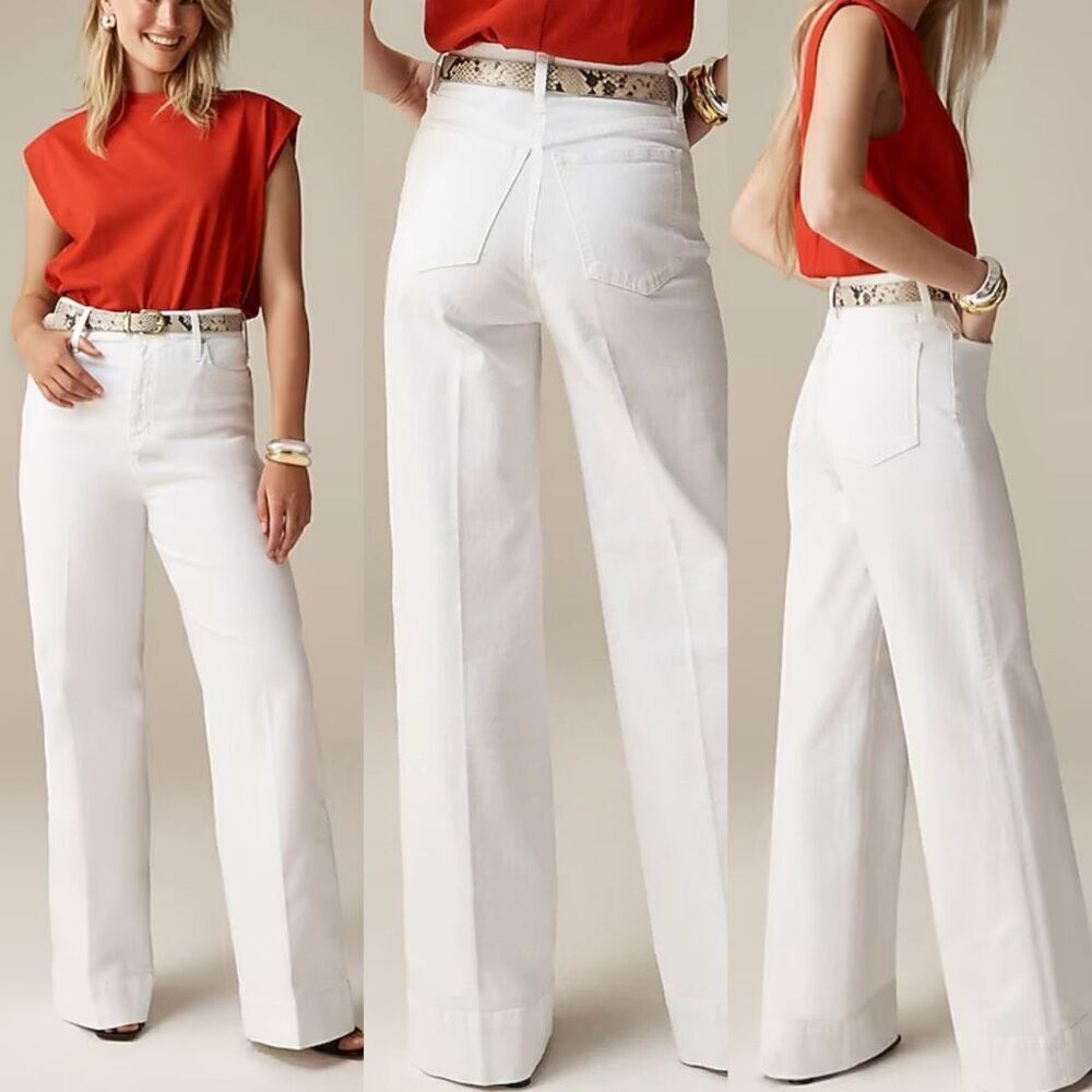 NWT J. Crew Womens White High Rise Wide Leg Trouser Size 35